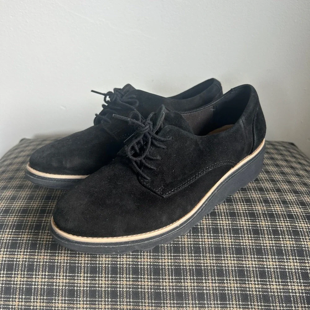 Clarks Sharon Dolly Black Suede Wedge‎ Lace Up Oxford Shoes Size 5.5 Black